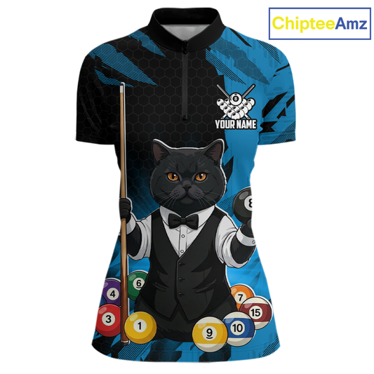 Custom Black Cat 8 Ball Pool Shirts Blue Billiard Shirt for Women Billiard Team Jersey Billiard Gift NNT181
