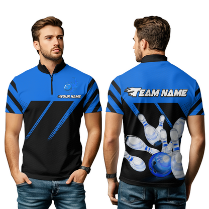 Blue Bowling Shirt Custom Bowling Jersey for Men Women Bowling Polo&1/4 Zip Shirts MBL51