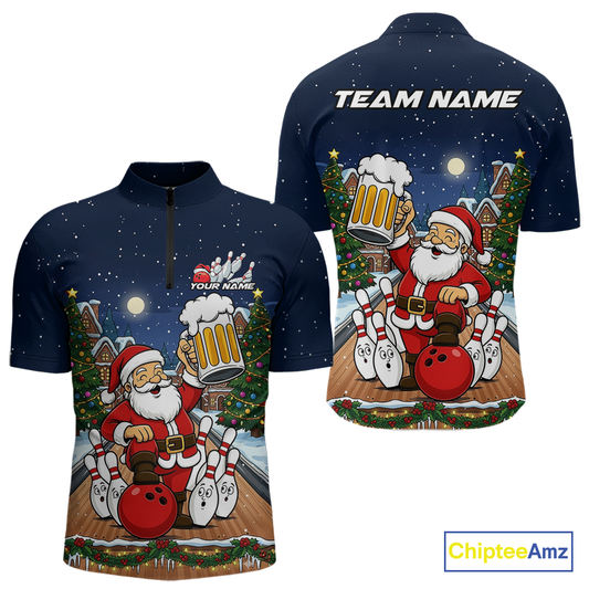 Custom Funny Beer Santa Christmas Bowling Jersey for Men Bowling Team Shirts Polo & 1/4 Zip HNT140