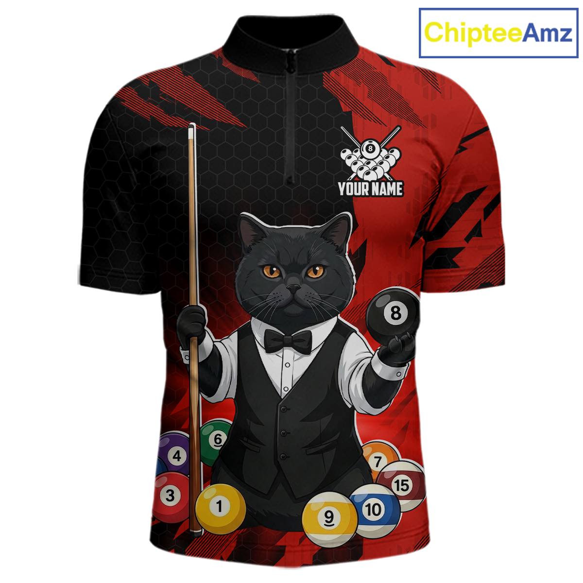 Custom Black Cat 8 Ball Pool Shirts Red Billiard Shirt for Men Billiard Team Jersey Billiard Gift NNT181
