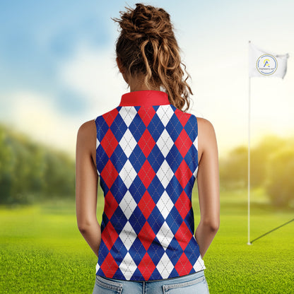 Women sleeveless polo shirt custom red, white and blue argyle plaid pattern golf attire for ladies NQS9847