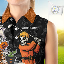 Load image into Gallery viewer, Halloween Skull Playing Golf Sleeveless Polo Shirt Custom black &amp; orange Halloween ladies golf outfit NQS10341
