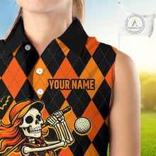 Load image into Gallery viewer, Funny Women sleeveless polo shirt custom orange black argyle plaid Halloween Skull ladies golf attire NQS10355