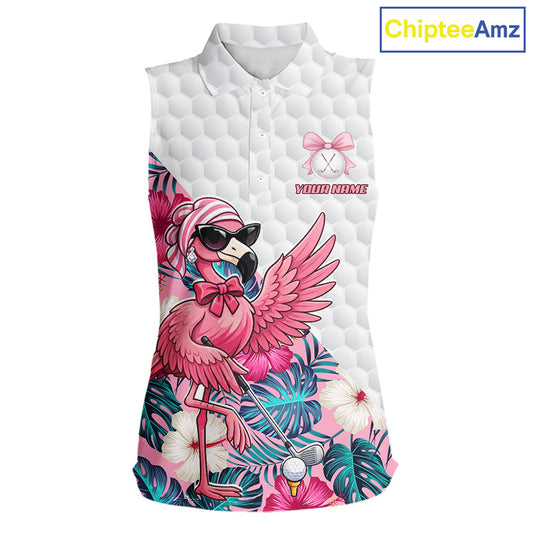 Pink Flamingo Golf Shirt For Women Sleeveless, Funny Tropical Patten Golf Polo Shirt, Ladies Golf Outfit For Team NHT730