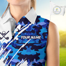 Load image into Gallery viewer, Personalized Women sleeveless golf polo shirt custom white and blue camo ladies golf apparel NQS10073