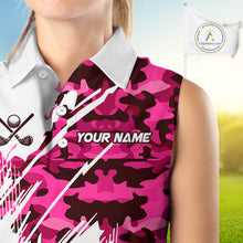 Load image into Gallery viewer, Personalized Women sleeveless golf polo shirt custom white and pink camo ladies golf apparel NQS10335