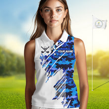 Load image into Gallery viewer, Personalized Women sleeveless golf polo shirt custom white and blue camo ladies golf apparel NQS10073