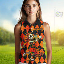 Load image into Gallery viewer, Funny Women sleeveless polo shirt custom orange black argyle plaid Halloween Skull ladies golf attire NQS10355