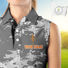 Load image into Gallery viewer, Gray Camo Orange Disc Golf basket Womens Disc golf sleeveless polo shirt Custom team disc golf jerseys NQS9975