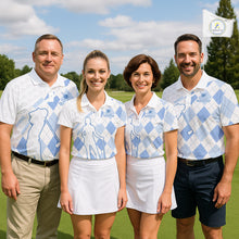 Load image into Gallery viewer, Personalized Blue White Argyle Plaid Pattern Mens Golf Polo Shirts, Blue Golf Tops For Mens NHT674