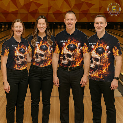 Flame Skull Bowling Polo, 1/4 zip shirts for men custom Skull team Bowling uniforms league jerseys NQS11577