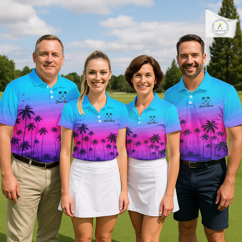 Pink Blue Neon Palm Pattern Mens Golf Polo Shirt Custom Golf Ball Blue Golf Tops, Golfer Gifts NHN0157