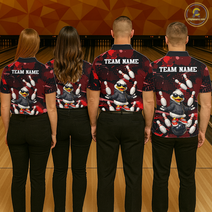 Custom Red Funny Duck Bowling Shirt for Men Bowling Jersey Polo & 1/4 Zip Bowling Outfit QZT943
