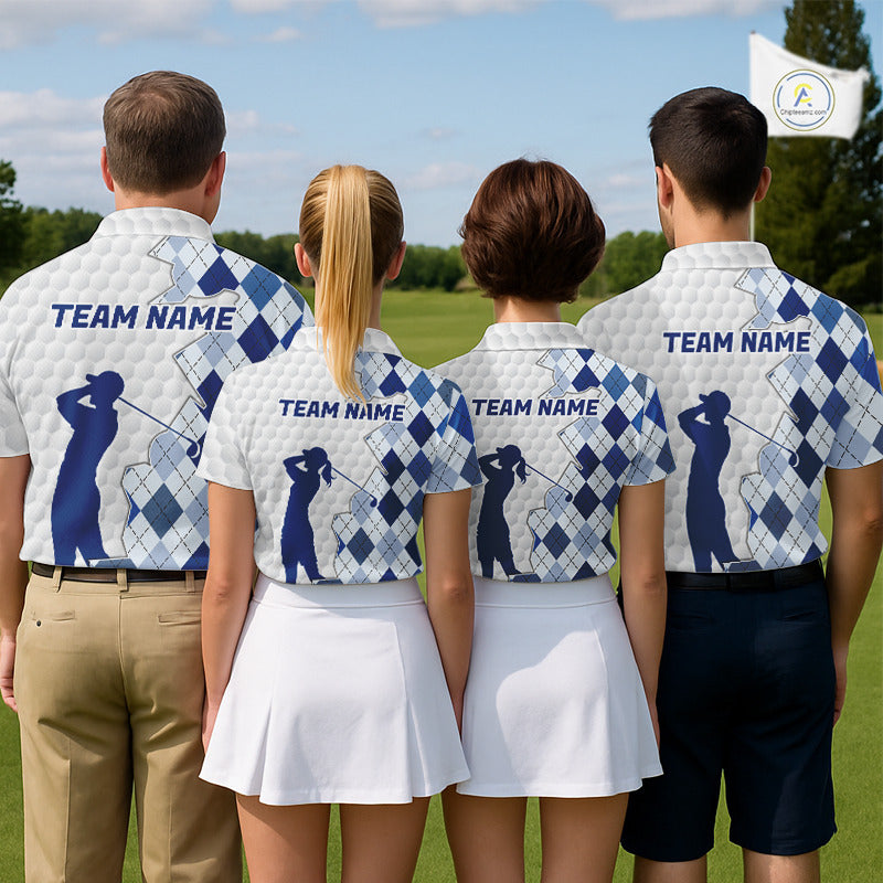 Custom Argyle Pattern Golf Polo Shirts For Men, Blue Argyle Golf Ball White Golf Clothing Shirts NYN2990