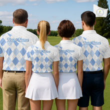 Load image into Gallery viewer, Personalized Blue White Argyle Plaid Pattern Mens Golf Polo Shirts, Blue Golf Tops For Mens NHT674