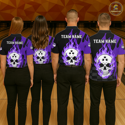 Purple Flame Skull Bowling Shirt Bowling Team Jersey for Men Polo & 1/4-Zip Bowling Outfit QZT931