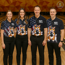 Load image into Gallery viewer, Custom US Flag Cat Bowling Shirt for Men Bowling League Patriotic Bowling Team Shirts HNT335