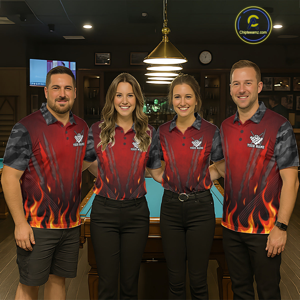 Personalized 8 Ball Red Flames Pool Billiard Polo & 1/4 Zip For Men Custom Camo Billiard Team Jerseys NYN3011