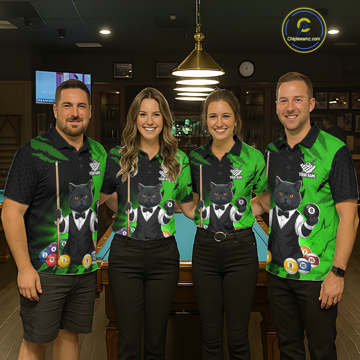 Custom Black Cat 8 Ball Pool Shirts Green Billiard Shirt for Women Billiard Team Jersey Billiard Gift NNT181