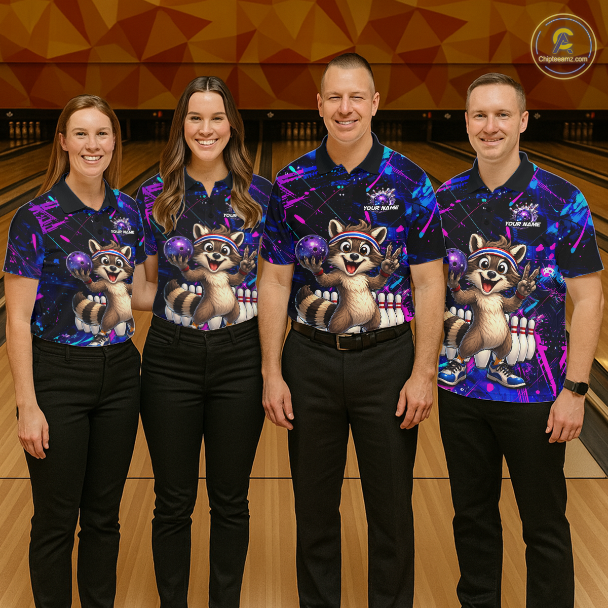 Custom Neon Funny Raccoon Bowling Team Jersey for Men Bowling Shirt Bowling Tournament Polo & 1/4-Zip QZT957
