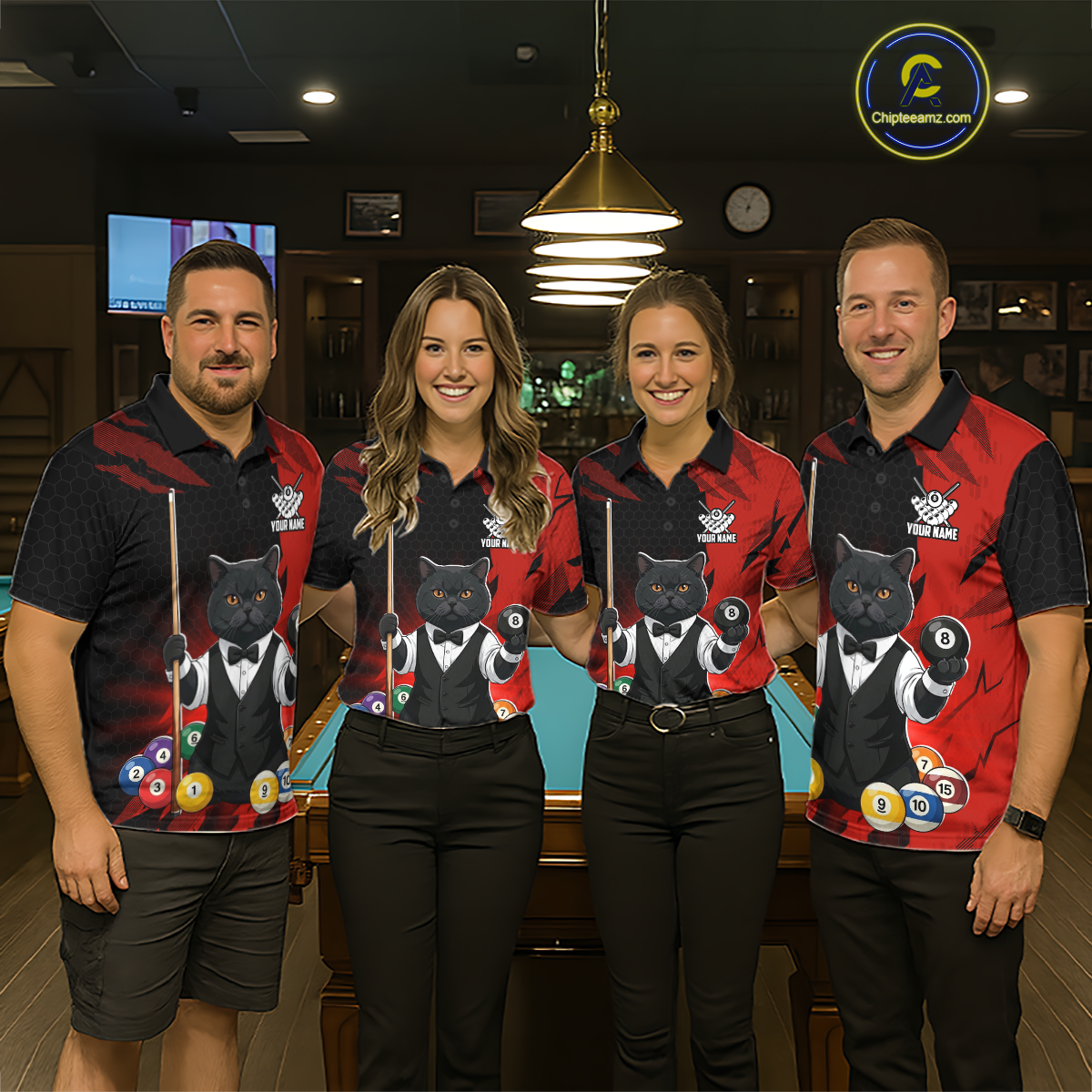 Custom Black Cat 8 Ball Pool Shirts Red Billiard Shirt for Men Billiard Team Jersey Billiard Gift NNT181
