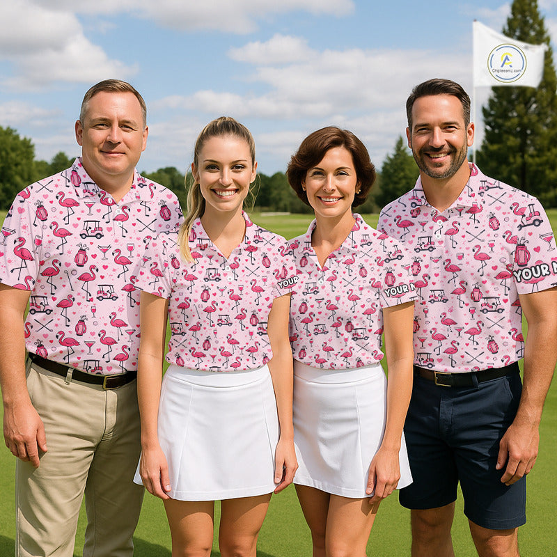 Funny Pink Flamingo Pattern Mens Golf Polo Shirt Custom Name Hawaiian Flamingo Golf Shirts NHN0191
