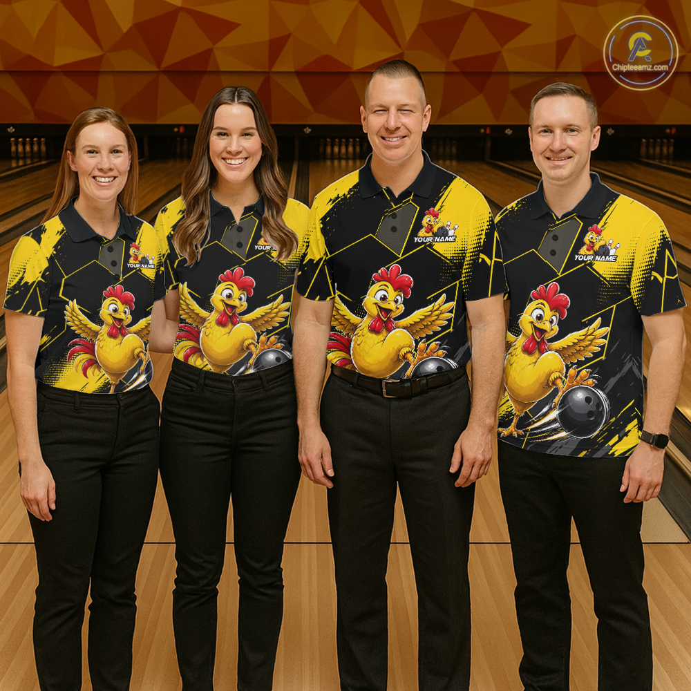 Custom Black & Yellow Funny Chicken Bowling Shirt for Men Bowling Team Jersey Polo & Quarter-Zip QZT1010