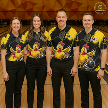 Load image into Gallery viewer, Custom Black &amp; Yellow Funny Chicken Bowling Shirt for Men Bowling Team Jersey Polo &amp; Quarter-Zip QZT1010
