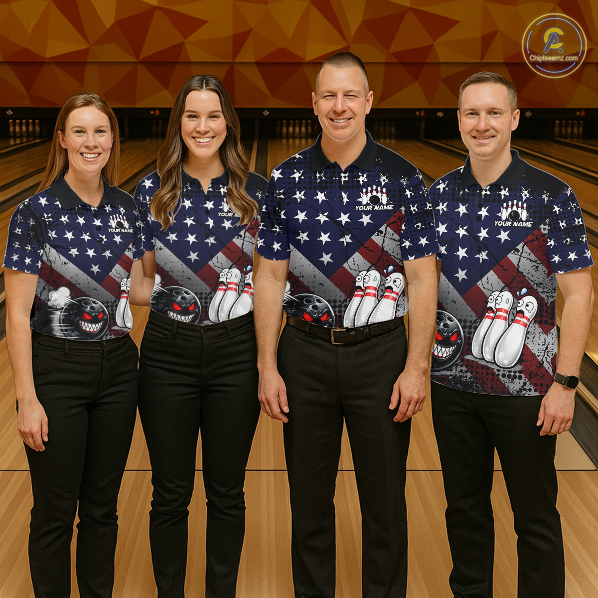 Custom American Flag Funny Bowling Team Shirt for Men Polo & Quarter-Zip Bowling Jersey Blue Red White QZT928