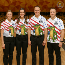 Load image into Gallery viewer, Custom US Flag Funny Alligator Bowling shirts for Women, Crocodile Bowling Team Jerseys HNT206