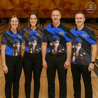 Custom Funny Cat Blue Bowling Jersey for Women Bowling Polo & 1/4 Zip Bowling Team Shirts HNT198