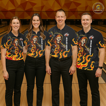Load image into Gallery viewer, Custom Orange Flame Skull Bowling Shirt for Women Bowling Jersey League Bowling Gifts QZT842