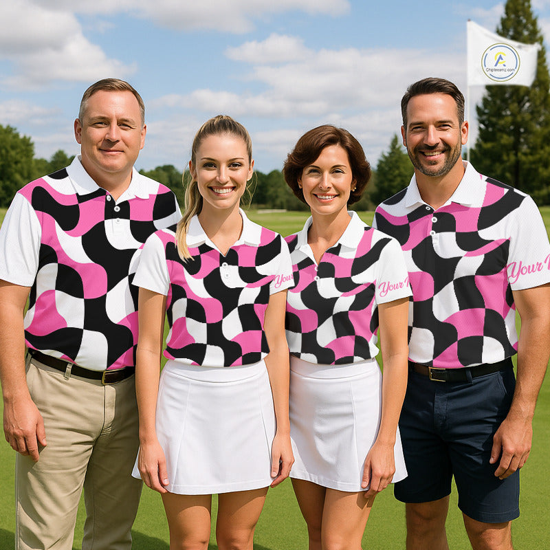Mens Golf Polo Shirt Custom Pink Checkerboard Argyle Pattern Golf Attire For Men, Golf Gifts NHN0124