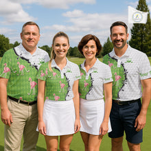 Load image into Gallery viewer, Funny Mens Golf Polo Shirt Green Argyle Flamingo Pattern Custom Name White Golf Shirt NBT558
