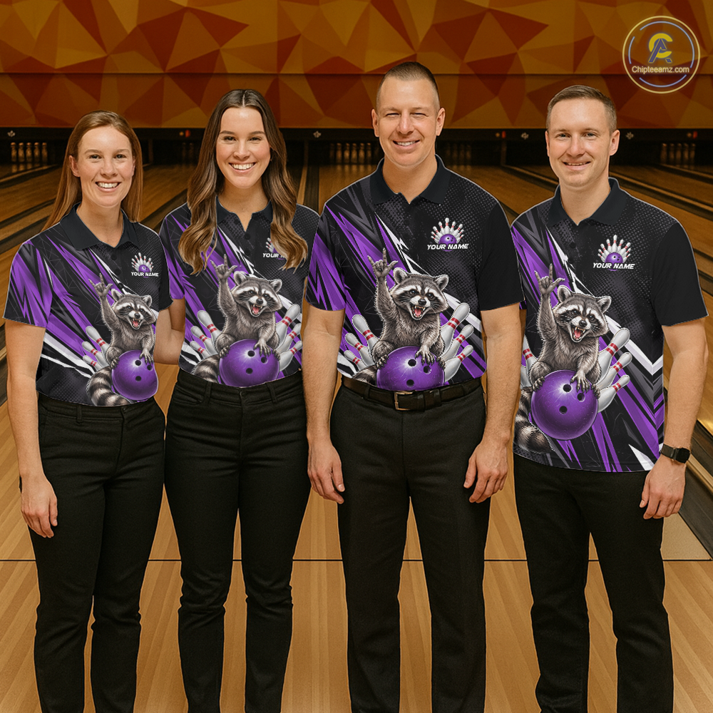 Custom Purple Raccoon Bowling Jersey for Men Bowling Team Shirts Bowling Polo & 1/4 Zip HNT254
