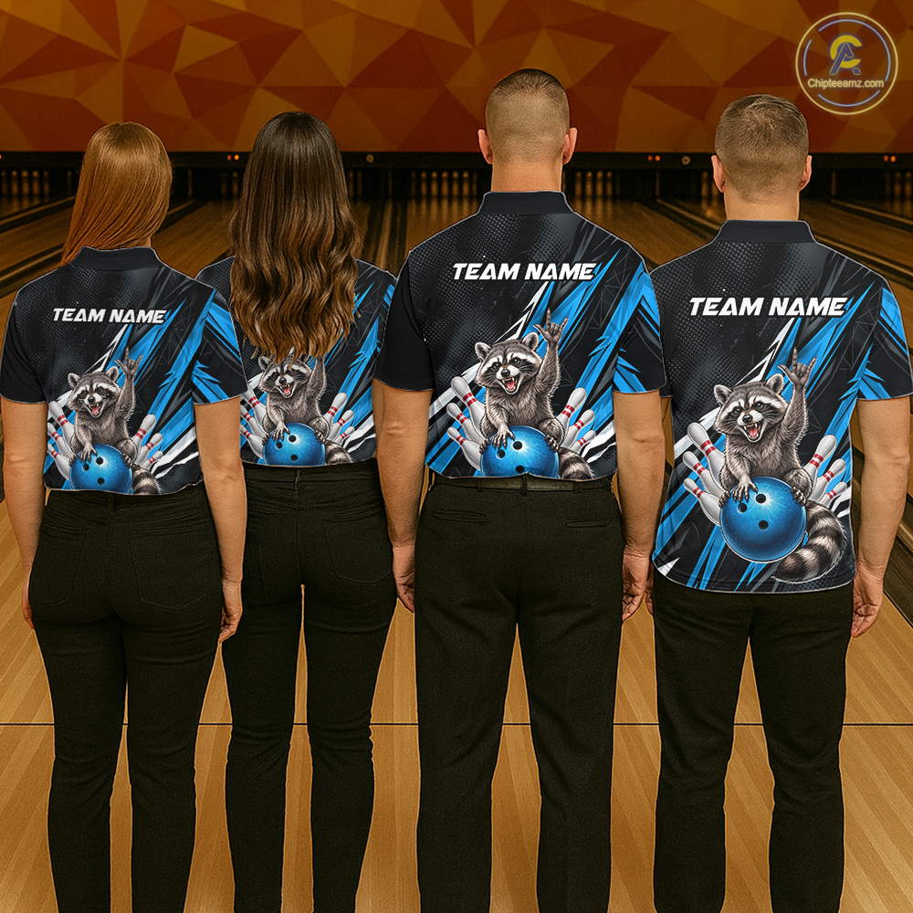 Custom Turquoise Raccoon Bowling Jersey for Men Bowling Team Shirts Bowling Polo & 1/4 Zip HNT254