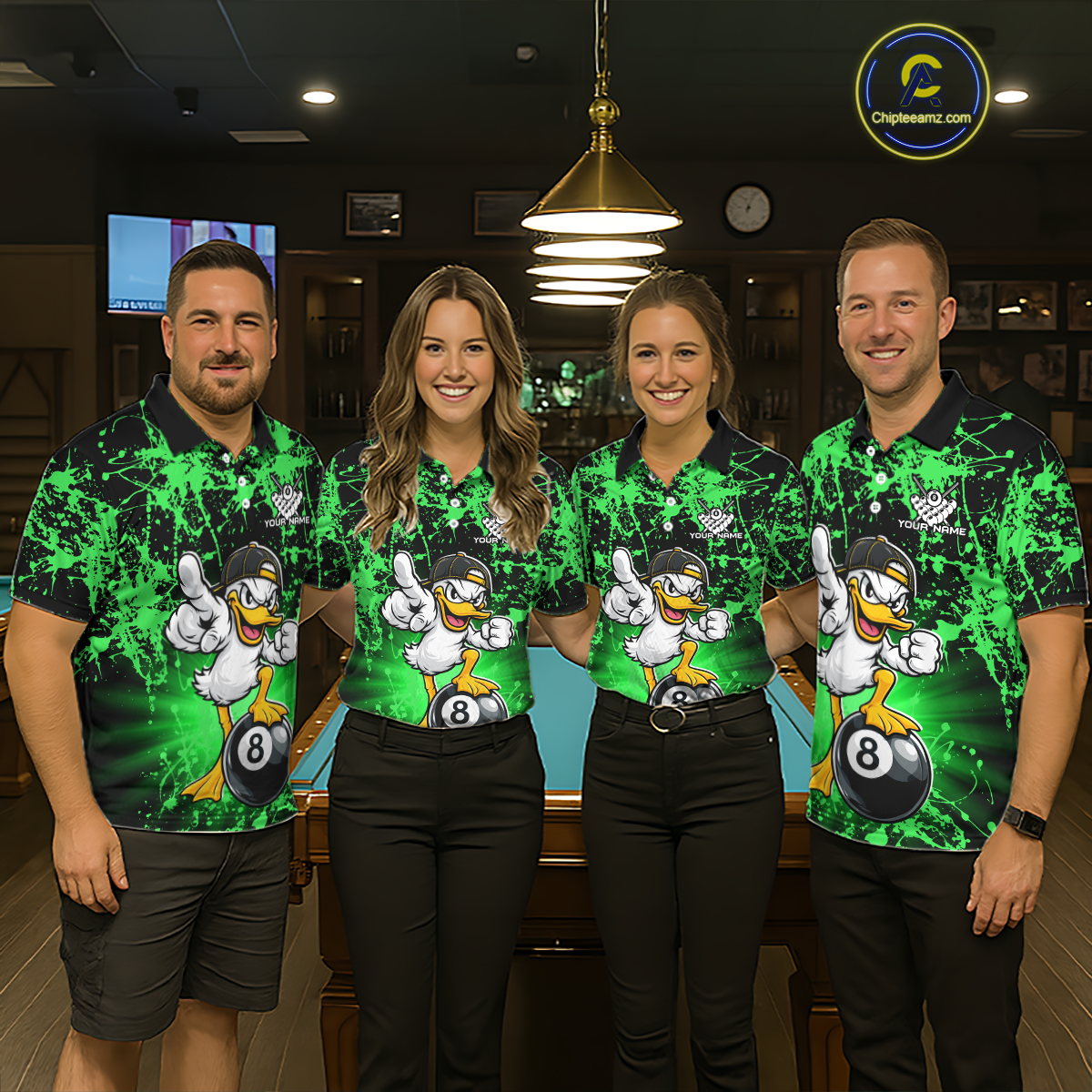 Custom Green Funny Duck Billiard Shirt for Men Billiard Team Jersey League 8 Ball Pool Shirts NNT171