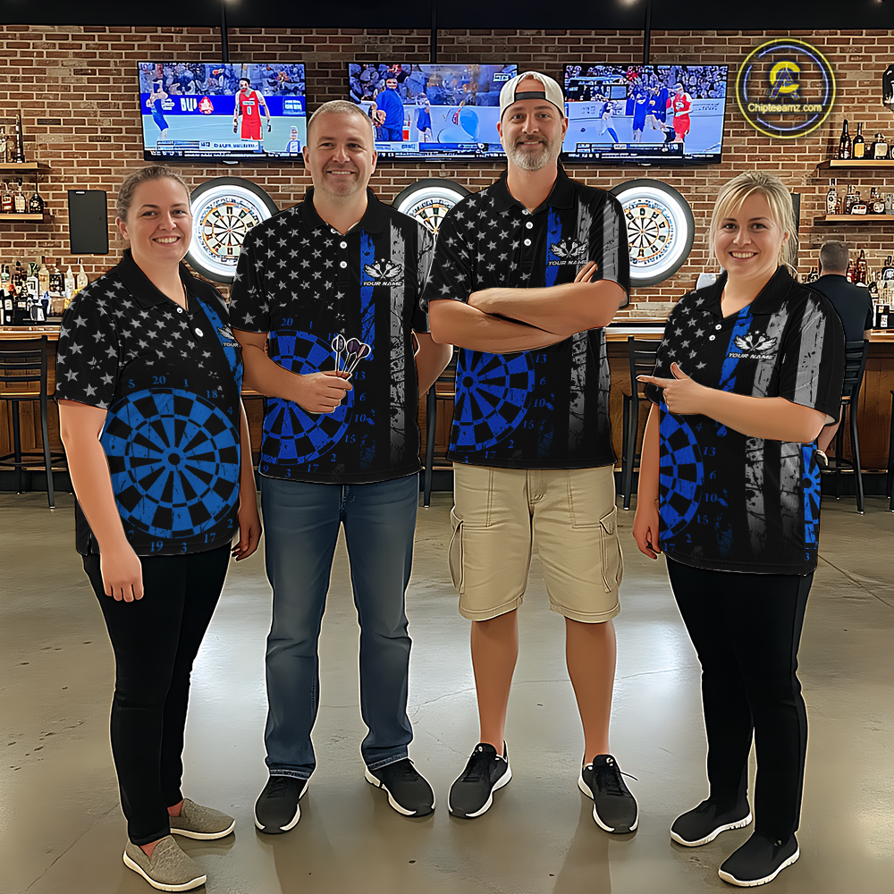 Custom Blue US Flag Darts Shirt for Men Darts Team Jerseys Dart Tournament Polo & 1/4 Zip NNT116