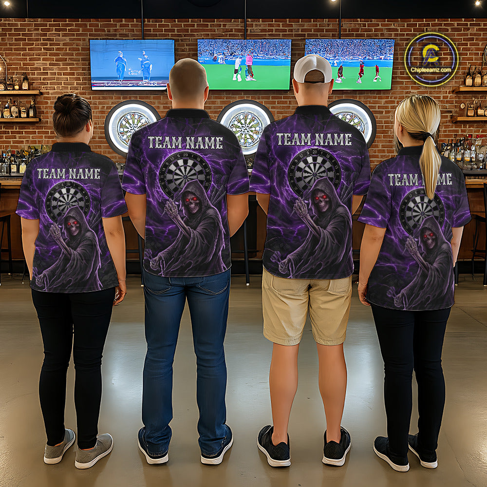 Grunge Purple Grim Reaper Women Darts Polo & 1/4-Zip Shirts Custom Thunder Lightning Darts Team Jersey NYN3037