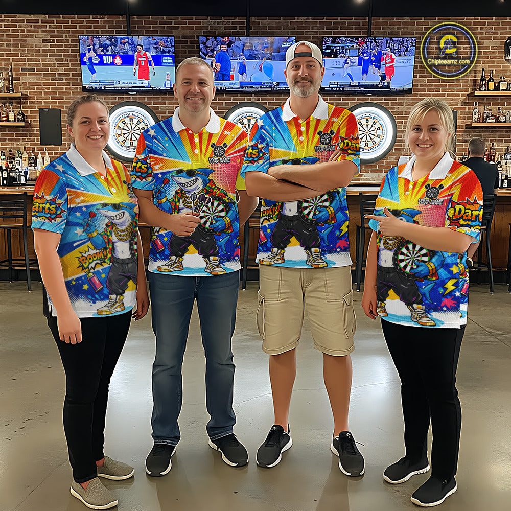 Funny Rich Cool Shark Hold Dartboard Men Darts Polo Shirt Custom Pop Art Dart League Shirt NYN2646