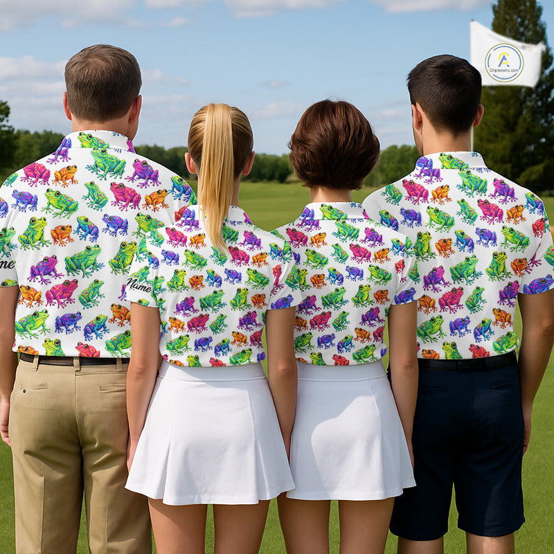 Funny Colorful Frog Pattern Mens Golf Polo Shirts Custom Watercolor Golf Attire For Men, Golf Gifts NHN0134