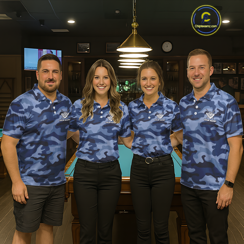 Custom Blue Camo 8 Ball Billiard Shirts for Women Billiard League Billiard Team Shirts NNT106