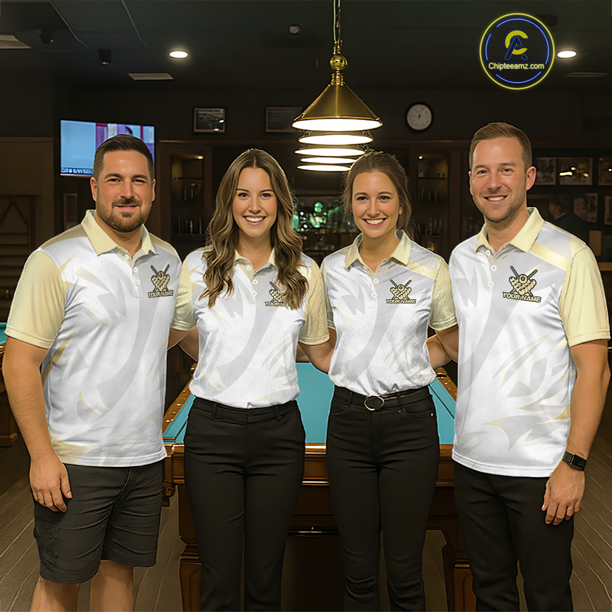 Personalized White And Gold Crown 8 Ball Pool Billiard Polo & 1/4 Zip For Men, Billiard Team Attire NYN3014
