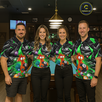 Custom Funny Green Chicken 8 Ball Pool Billiard Shirt for Men Polo & 1/4 Zip, Billiard Team Jerseys NNT148