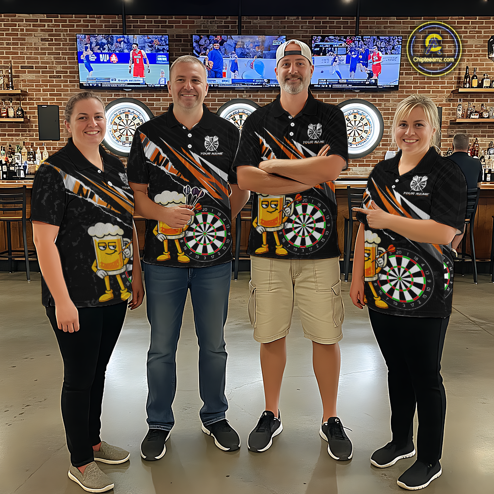 Custom Orange Funny Beer Dart Shirts for Women Darts Team Jerseys Dart Tournament Polo & 1/4 Zip NNT139