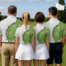Load image into Gallery viewer, Funny Mens Golf Polo Shirt Green Argyle Flamingo Pattern Custom Name White Golf Shirt NBT558