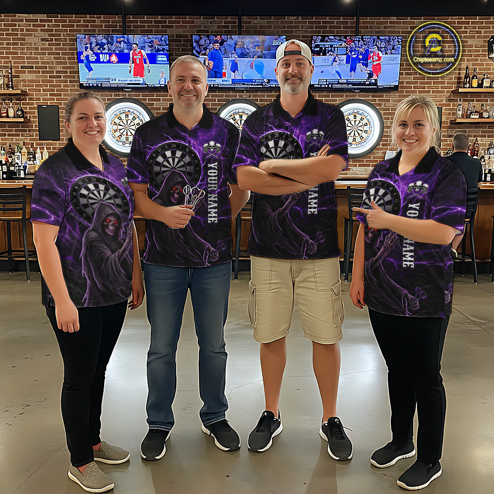Grunge Purple Grim Reaper Women Darts Polo & 1/4-Zip Shirts Custom Thunder Lightning Darts Team Jersey NYN3037