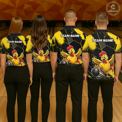 Custom Black & Yellow Funny Chicken Bowling Shirt for Women Bowling Team Jersey Polo & 1/4-Zip QZT1010