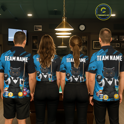 Custom Black Cat 8 Ball Pool Shirts Blue Billiard Shirt for Men Billiard Team Jersey Billiard Gift NNT181