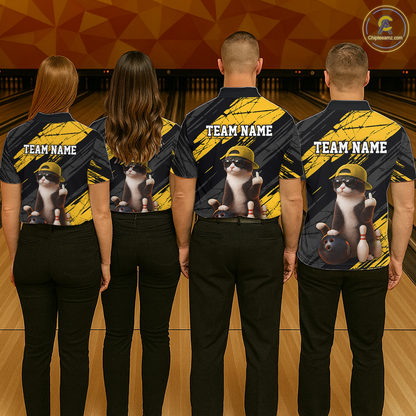 Custom Funny Cat Yellow Bowling Jersey for Men Bowling Polo & 1/4 Zip Bowling Team Shirts HNT198